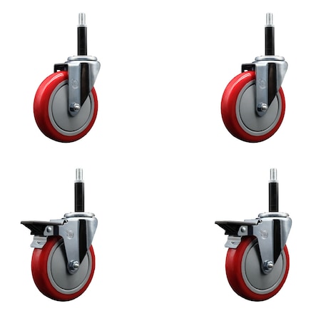 Service Caster 5'' Red Poly Wheel Swivel 3/4'' Expanding Stem Caster Set 2 Brakes, 4PK SCC-EX20S514-PPUB-RED-2-PLB-2-34